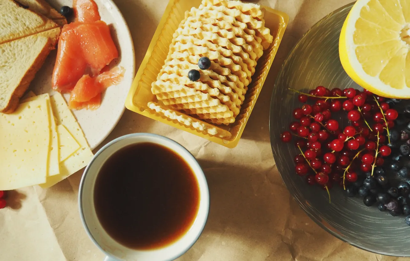 Photo wallpaper lemon, tea, food, fish, Breakfast, cheese, currants, waffles
