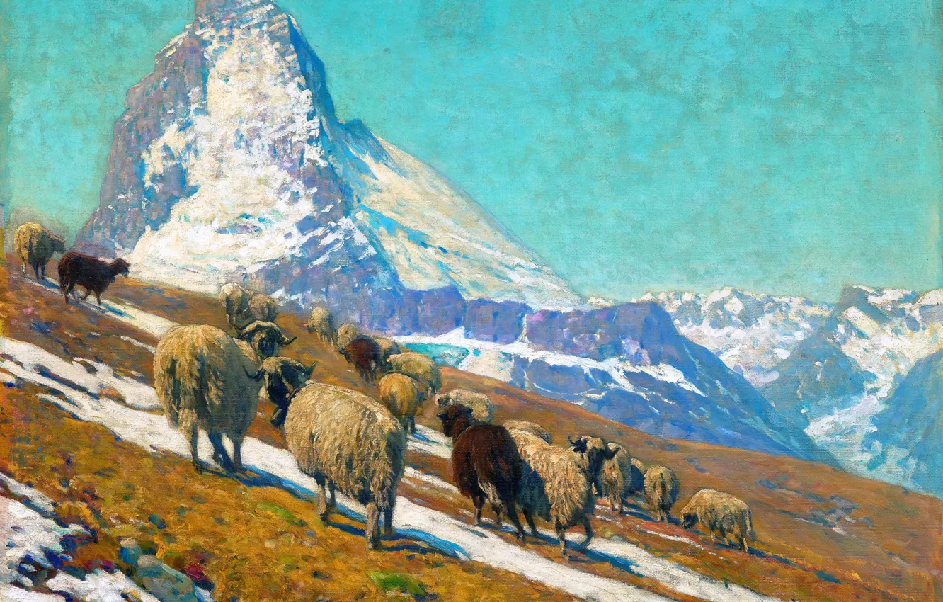 Photo wallpaper snow, mountains, sheep, picture, German landscape painter, Eugen Bracht, Sheep in the high mountains in …