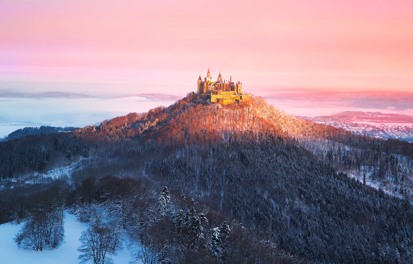Photo wallpaper light, fog, morning, Germany, Hohenzollern Castle, castle, Baden-württemberg, Hohenzollern Castle