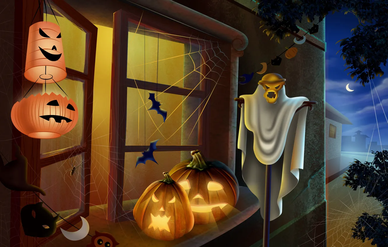 Photo wallpaper light, night, window, Halloween, pumpkin, Halloween, lanterns