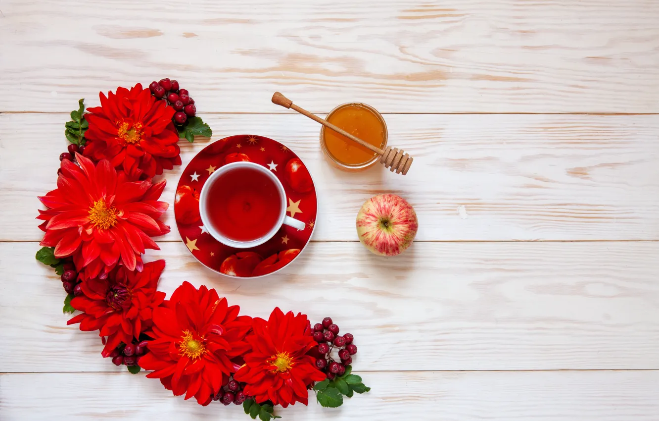 Photo wallpaper flowers, tea, Apple, honey, Cup, red, Ellygri