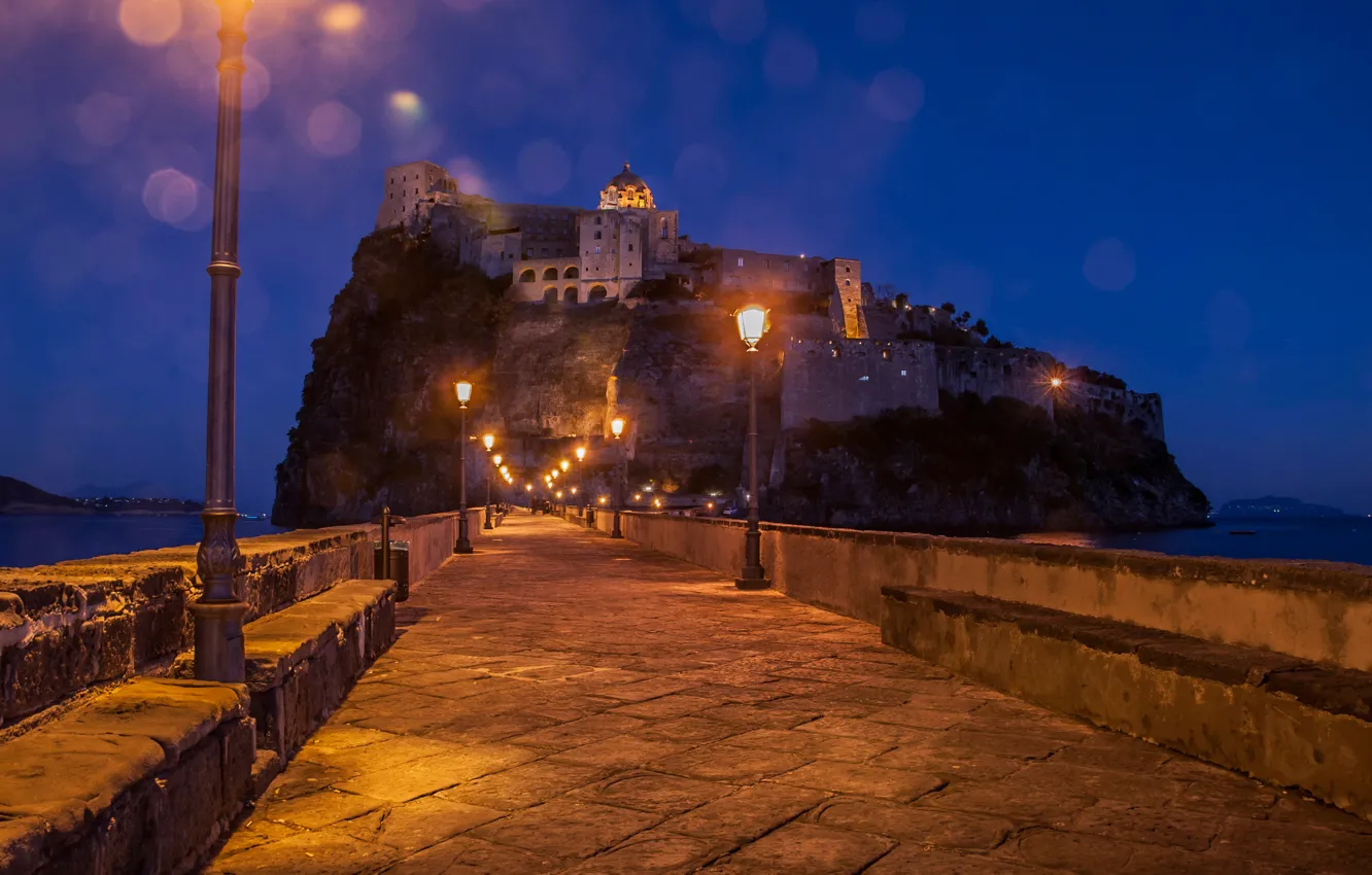 Photo wallpaper Italy, coast, castle, lights, sea, night, lights, Aragonese Castle