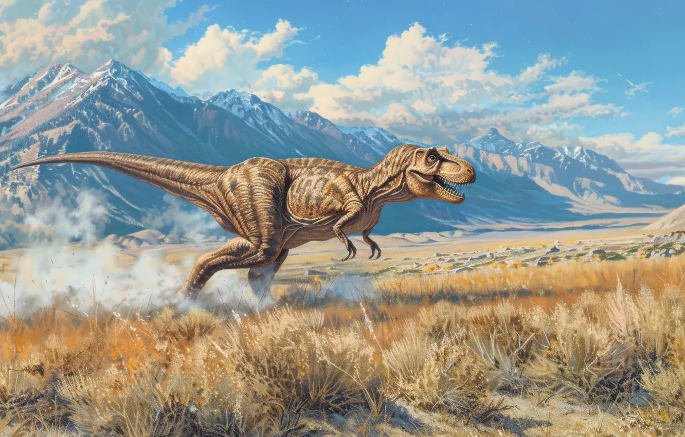 Photo wallpaper Mountains, Grass, Running, Predator, Dinosaur, Animal, Digital art, Tyrannosaurus