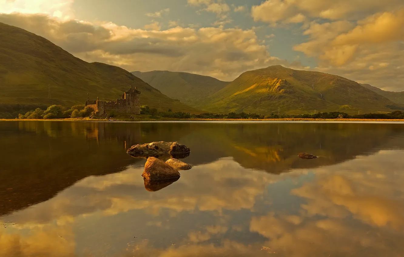 Photo wallpaper mountains, lake, stones, castle, Scotland, Kilchurn