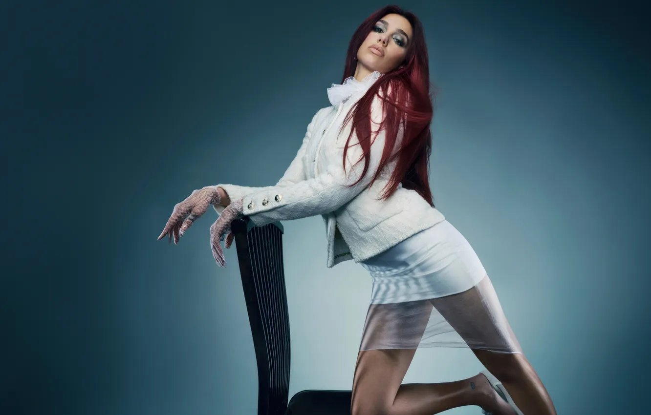 Photo wallpaper Red hair, Dua Lipa, Knelling on chair, white mini
