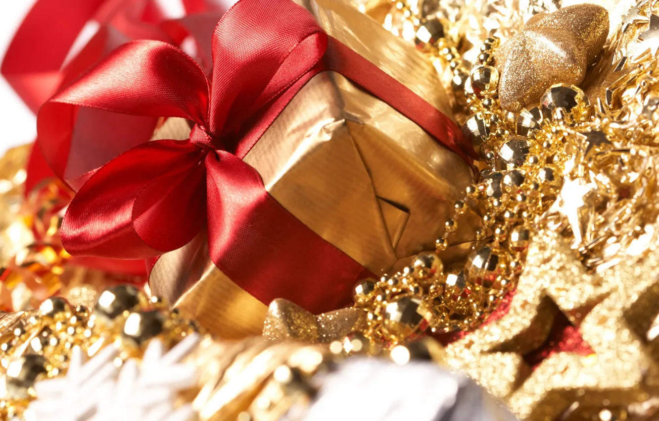 Photo wallpaper box, gold plated, bow, Christmas decorations