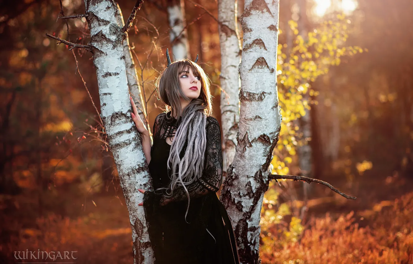 Photo wallpaper autumn, forest, look, girl, light, trees, nature, style
