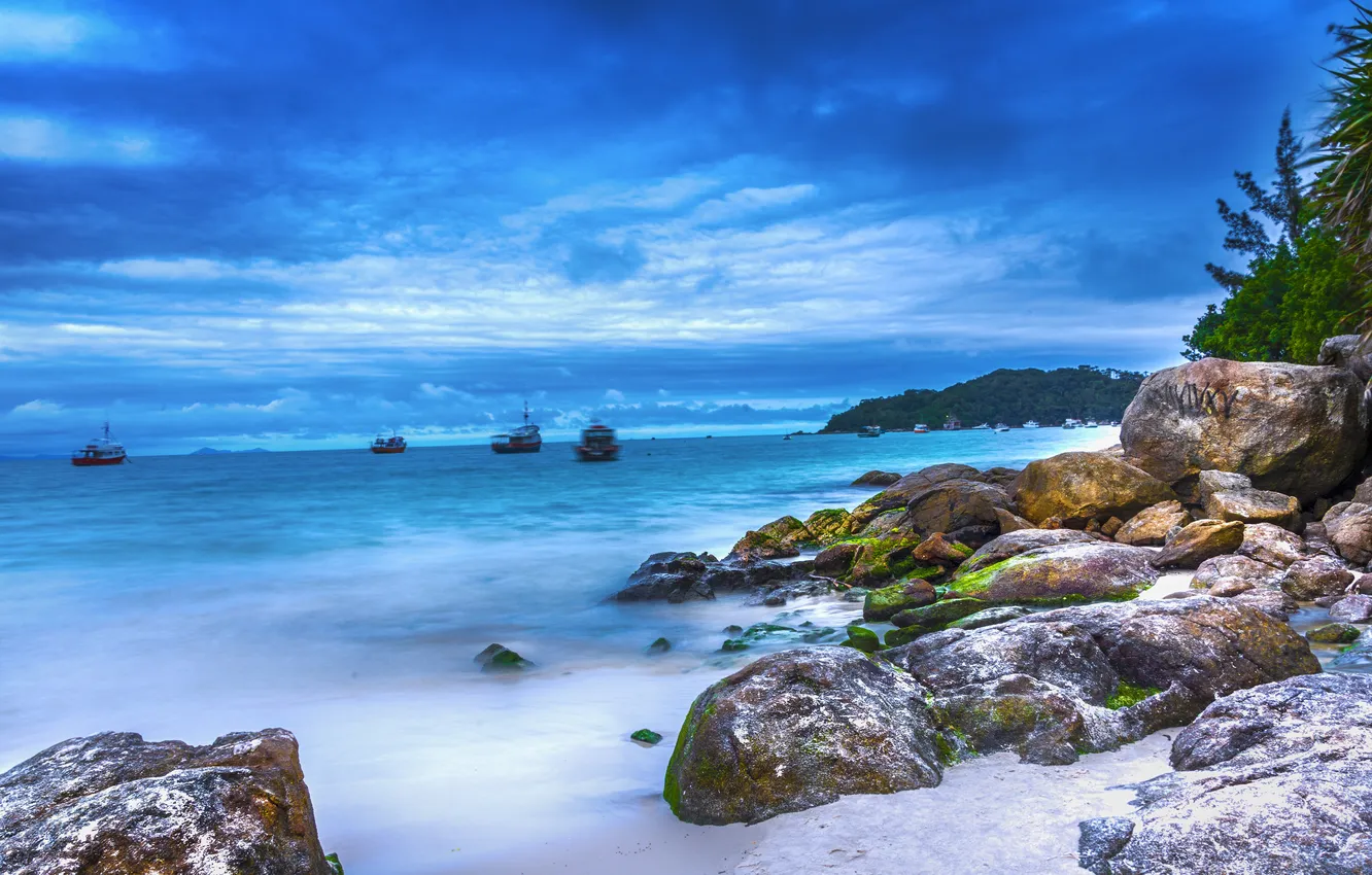 Photo wallpaper sea, the sky, clouds, blue, stones, shore