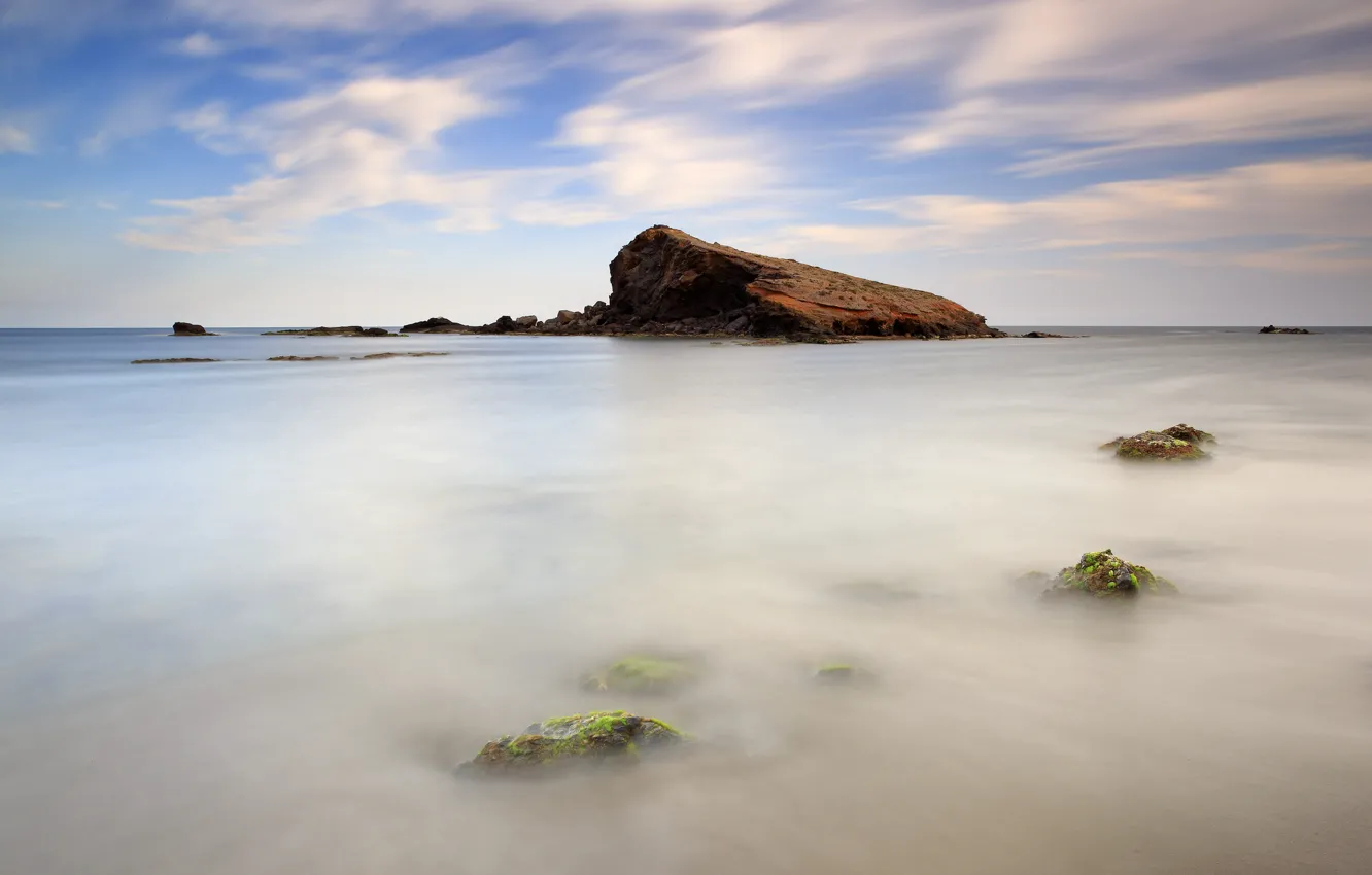 Photo wallpaper sea, the sky, clouds, stones, rocks