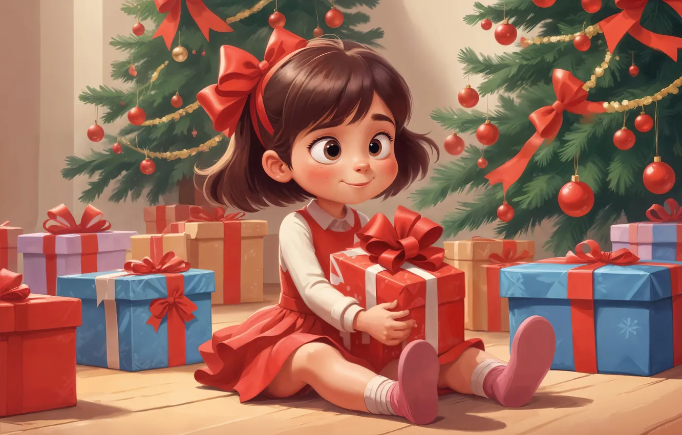 Photo wallpaper gift, toy, tree, new year, Christmas, girl, digital art, AI art
