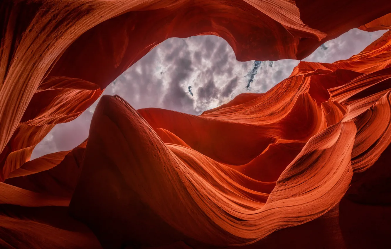 Photo wallpaper the sky, clouds, nature, rocks, patterns, texture, Antelope canyon