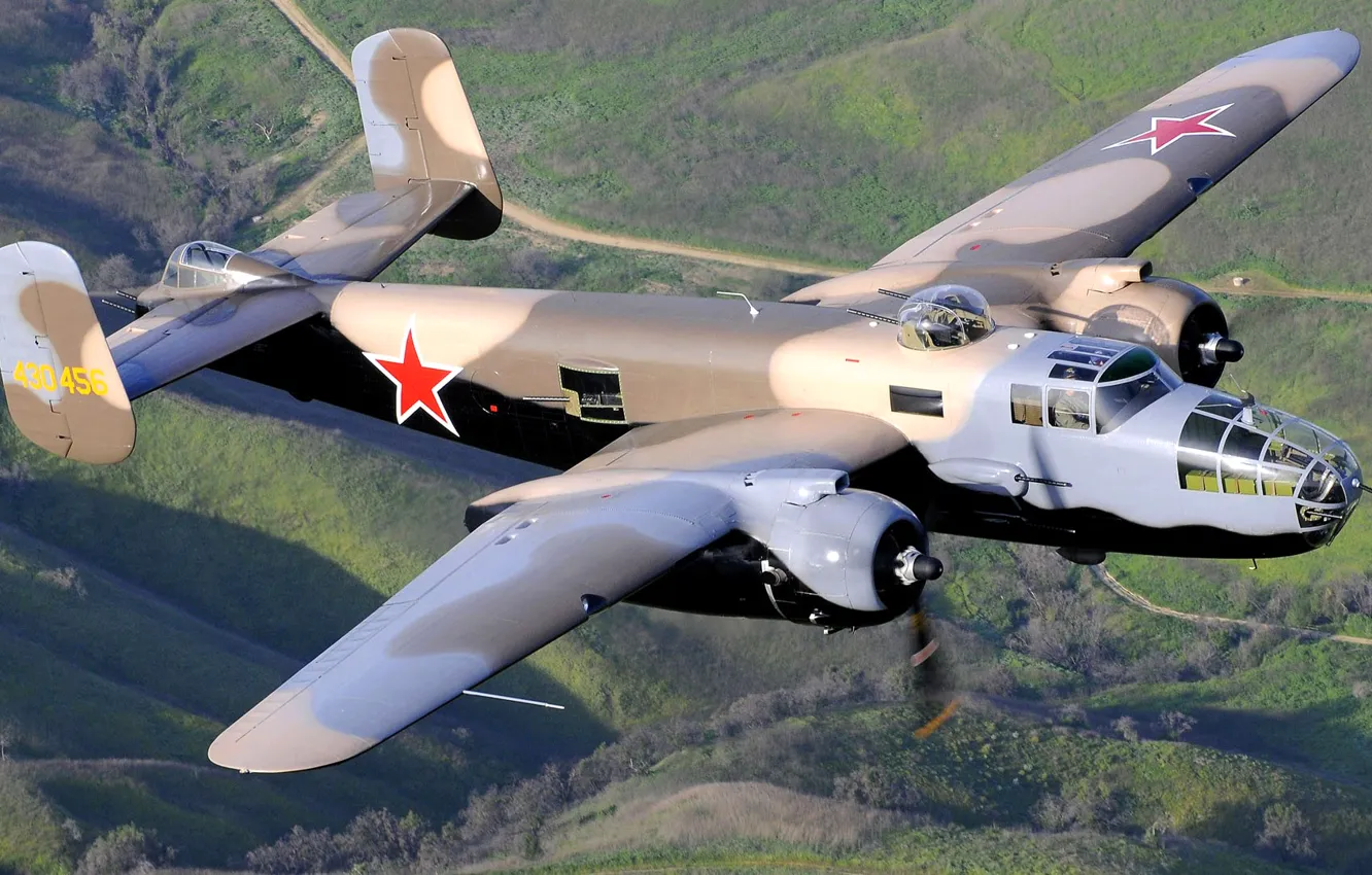 Photo wallpaper flight, retro, landscape, the plane, B-25 Mitchel