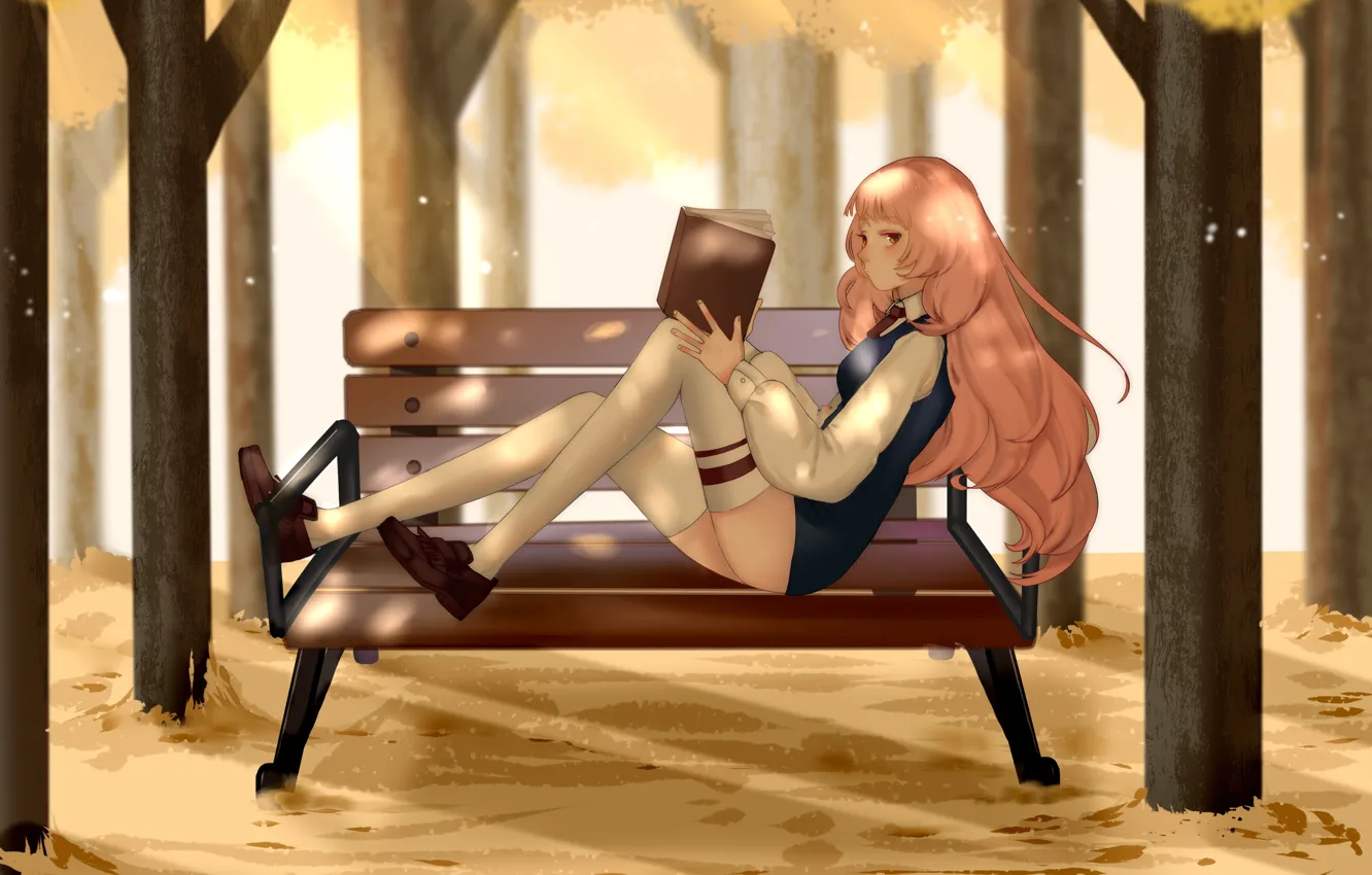 Photo wallpaper girl, bench, book
