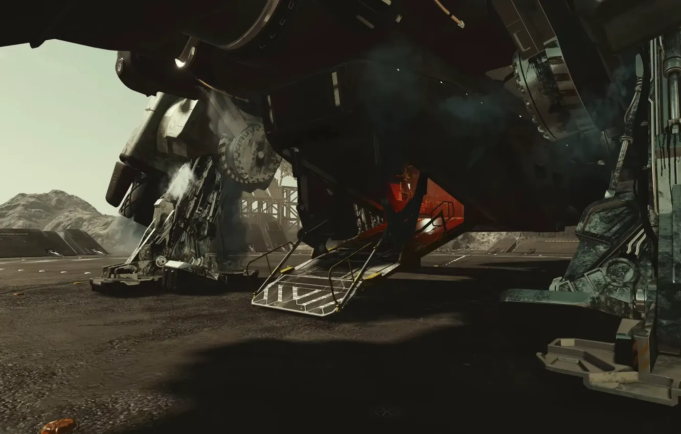 Photo wallpaper smoke, ship, support, entrance, Starfield, ramp