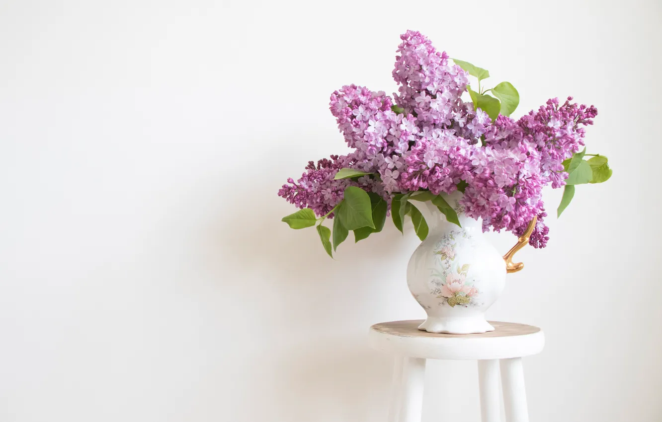 Photo wallpaper flowers, bouquet, white background, vase, lilac, stool