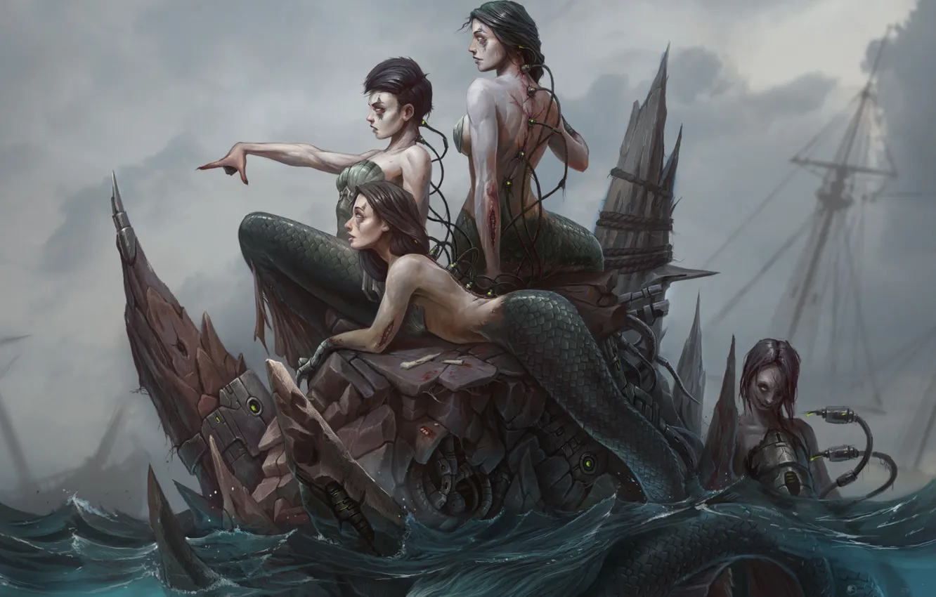 Photo wallpaper sea, girl, fiction, the ocean, mermaid, robot, art, fantasy