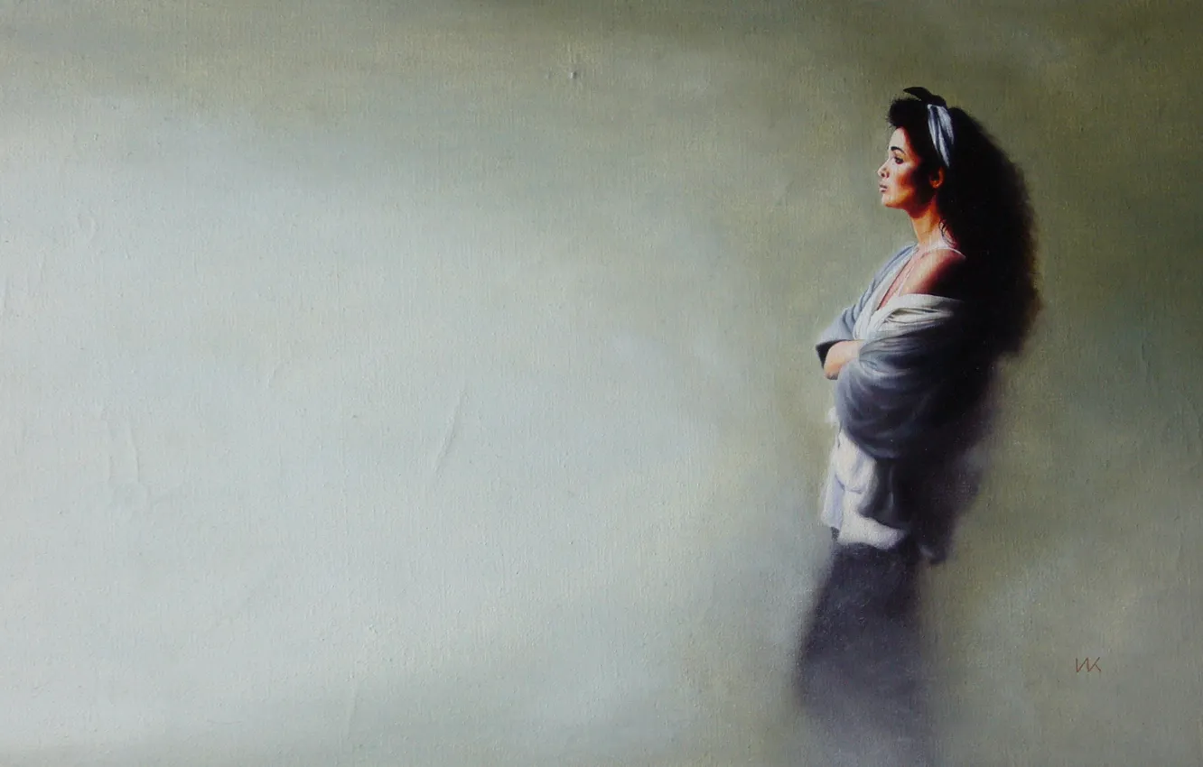 Photo wallpaper look, woman, picture, profile, paintings, Traditional art, sadness.