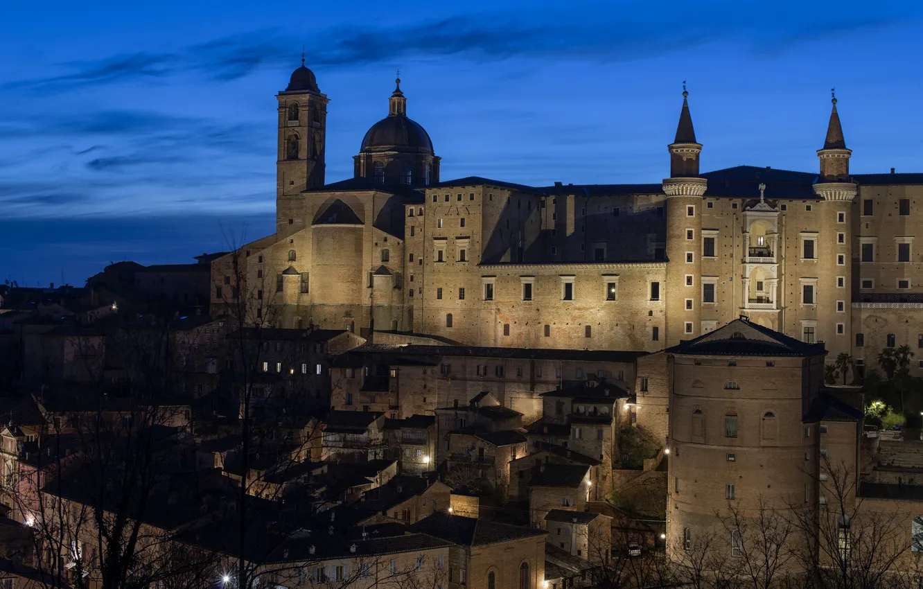 Photo wallpaper night, lights, castle, Italy, Cathedral, Marche, Urbino