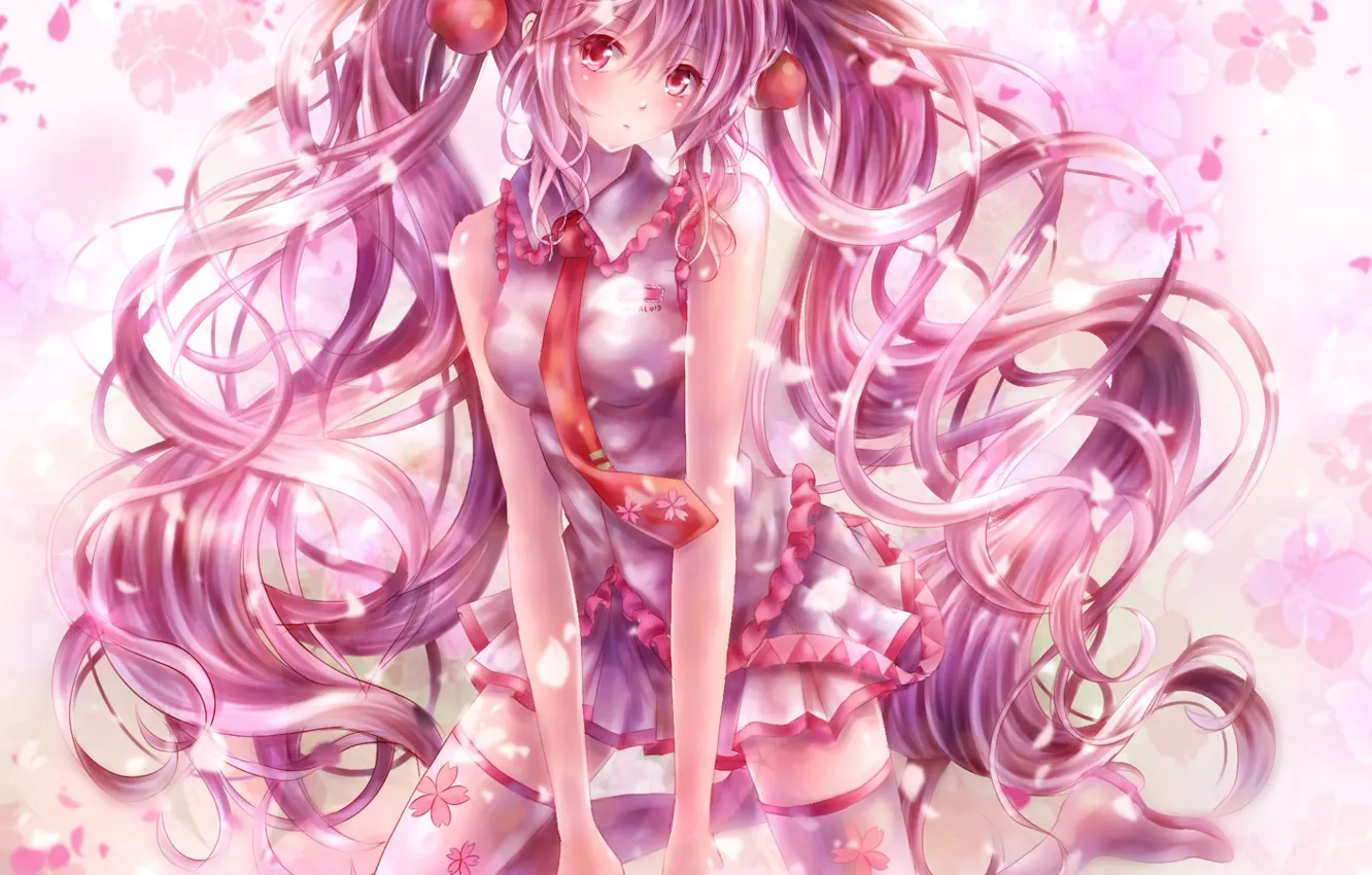 Photo wallpaper spring, stockings, tie, vocaloid, Hatsune Miku, Vocaloid, ruffles, pink hair