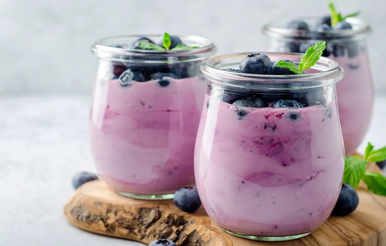 Photo wallpaper berries, Breakfast, blueberries, yogurt