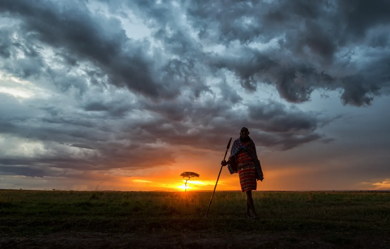 Photo wallpaper the sky, sunset, Africa, Kenya, The Masai Mara, human