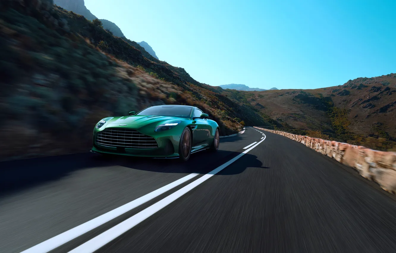 Photo wallpaper road, mountains, green, rocks, Aston Martin, Aston Martin, the front, 2023
