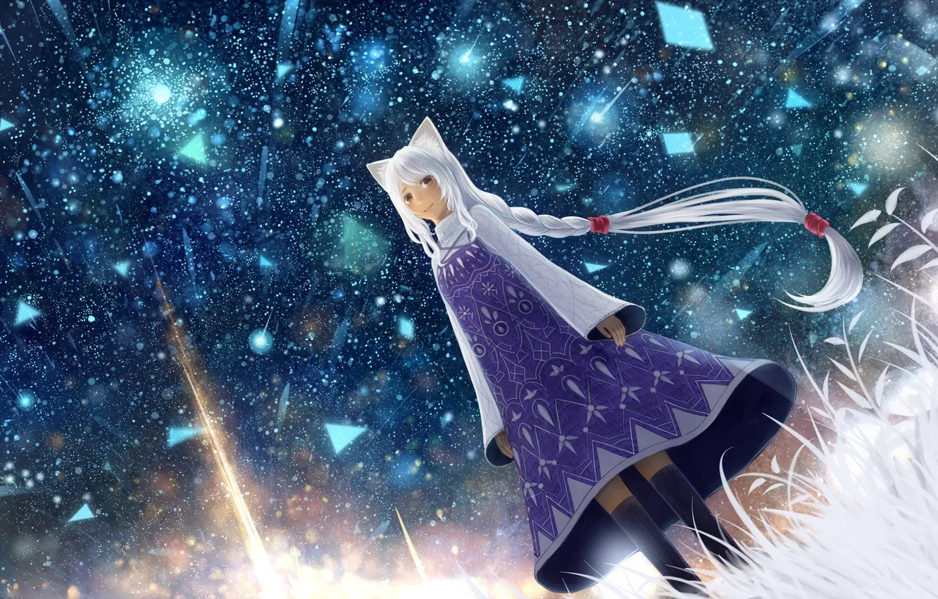 Photo wallpaper the sky, girl, stars, fireflies, art, ears, bounin