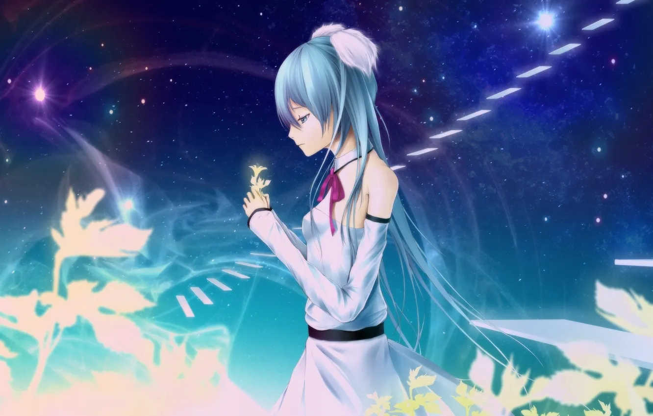 Photo wallpaper sadness, girl, flowers, mood, vocaloid, hatsune miku, Vocaloid, art