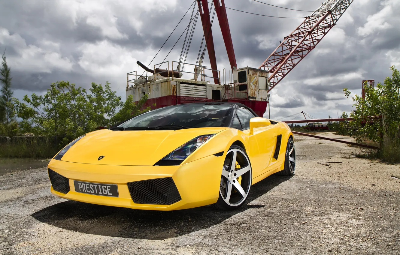 Photo wallpaper yellow, reflection, shadow, Lamborghini, Gallardo, convertible, yellow, the front
