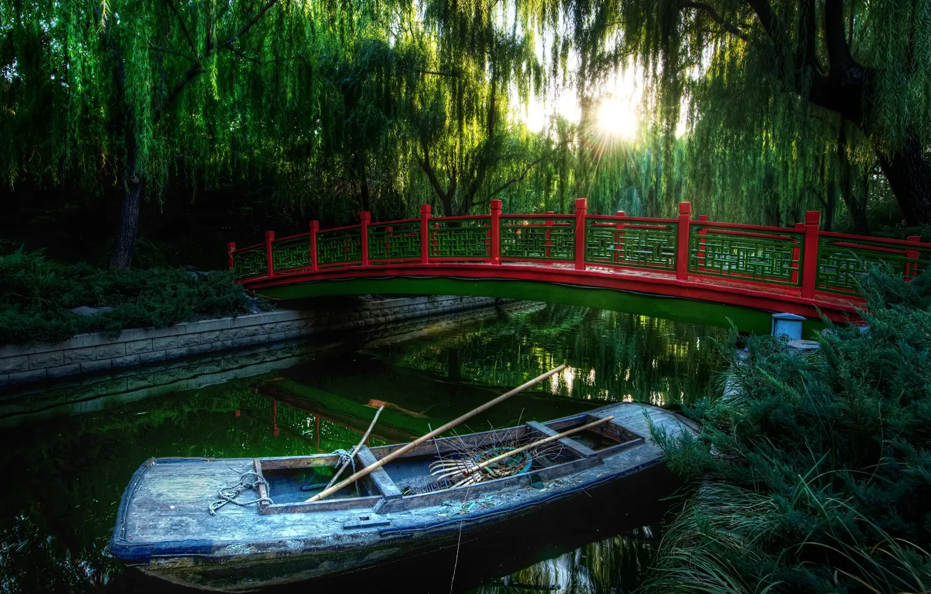 Photo wallpaper forest, bridge, river, boat