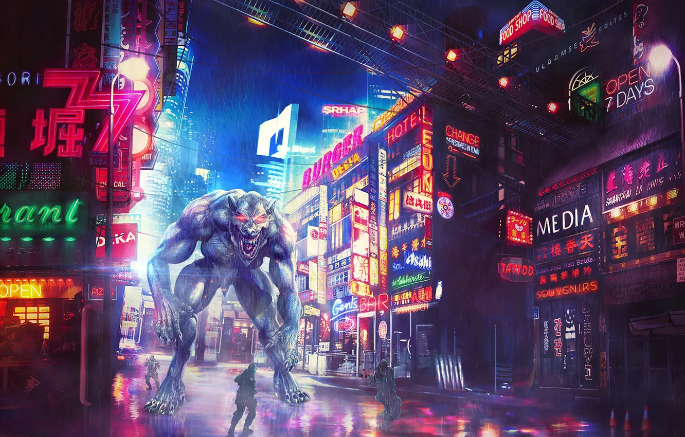Photo wallpaper look, night, the city, fiction, street, monster