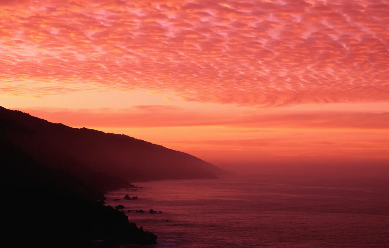 Photo wallpaper sunset, mountains, the ocean