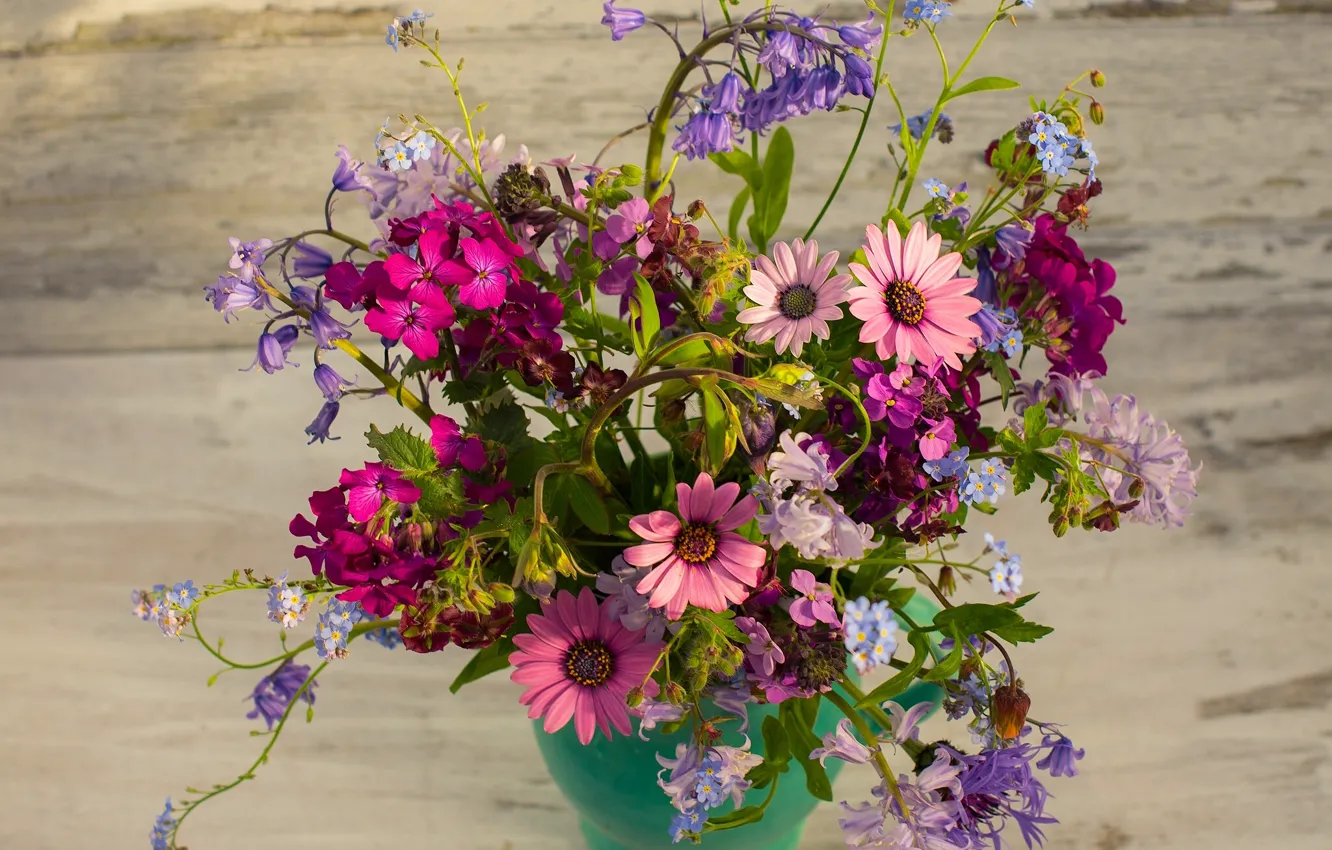 Photo wallpaper bouquet, bells, forget-me-nots, cornflowers, geranium, osteospermum, honesty