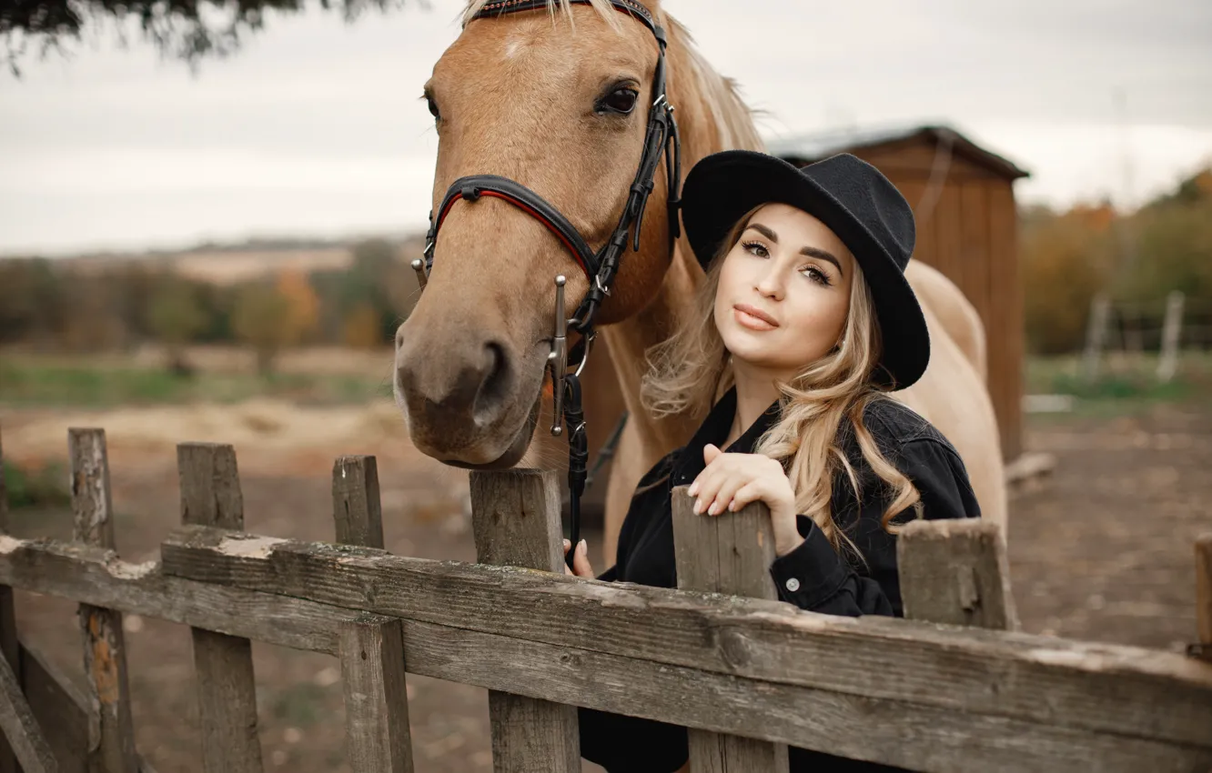 Photo wallpaper field, look, girl, nature, pose, smile, horse, horse