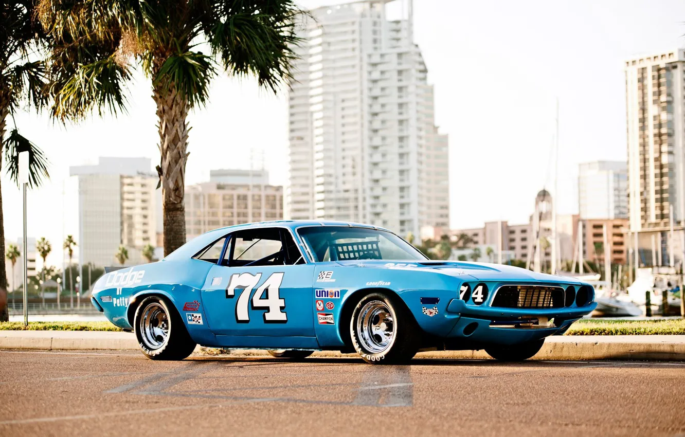 Photo wallpaper Dodge Challenger, old, 1973, nascar, blue race car