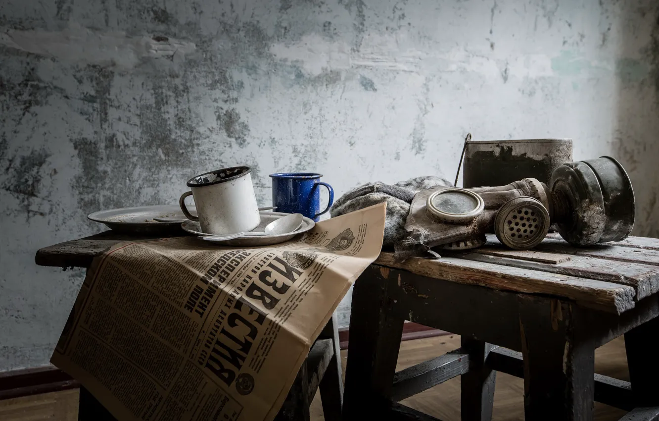 Photo wallpaper house, room, mug, newspaper, gas mask, stool, life, news