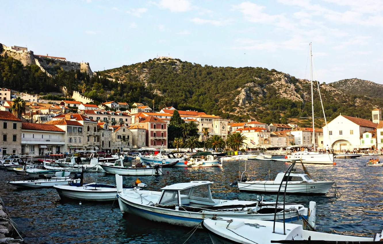 Photo wallpaper sea, the city, boat, Marina, promenade, Croatia, Gvar, the island of Gvar