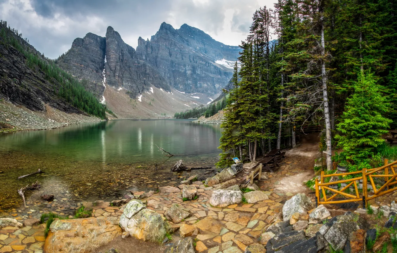 Photo wallpaper forest, trees, mountains, lake, stones, Canada, ladder, Banff National Park