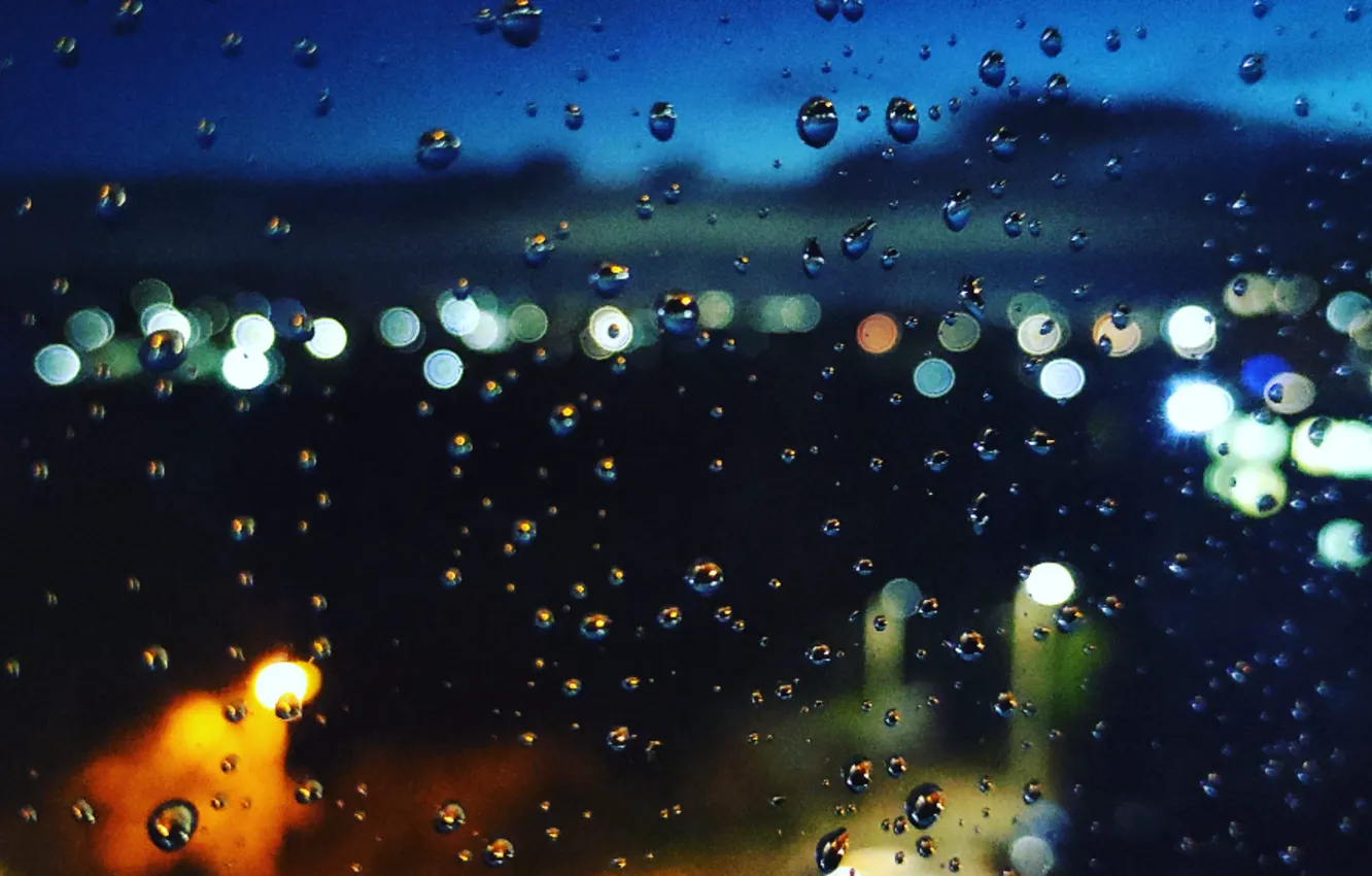 Photo wallpaper drops, rain, the evening, window, lights, posledica