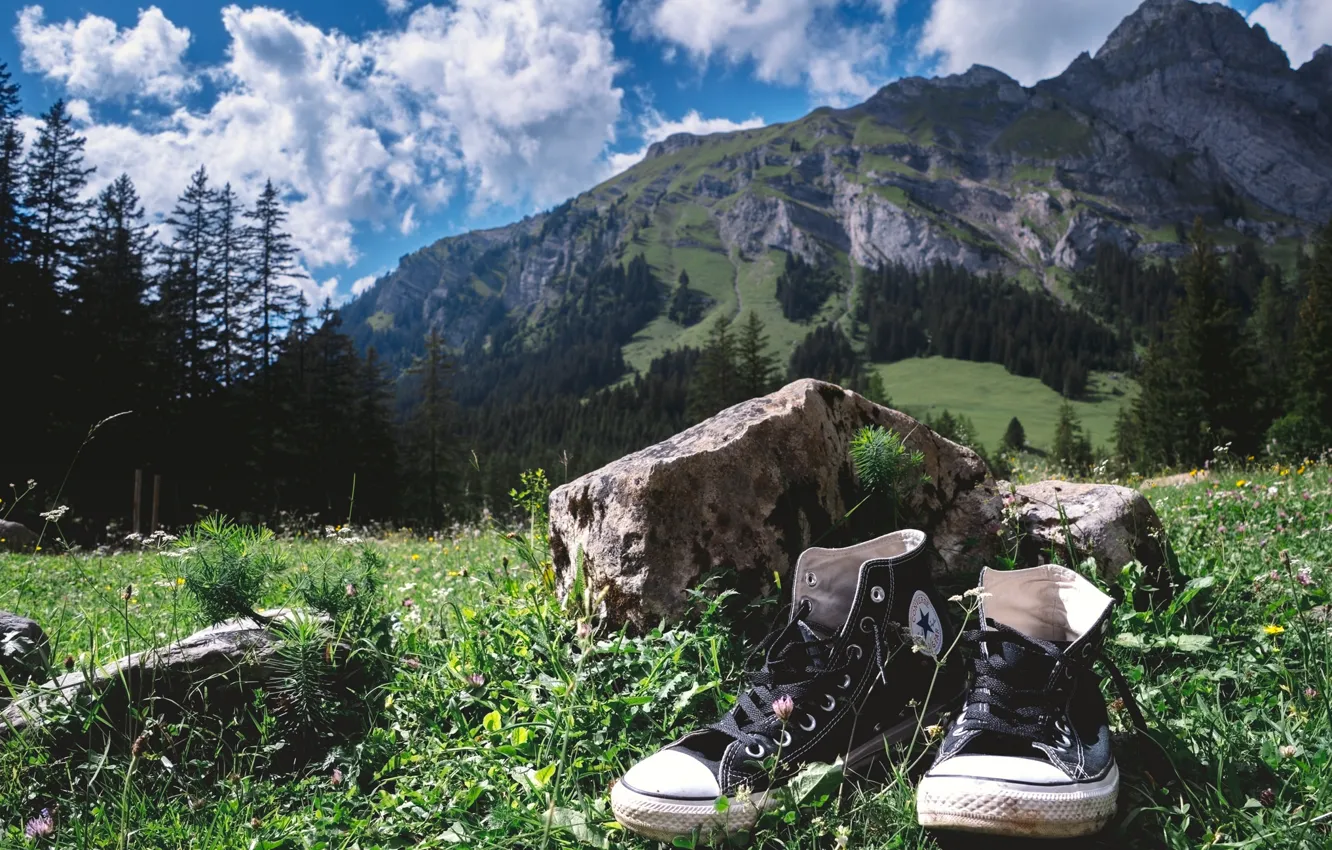 Photo wallpaper mountains, stone, sneakers, alpine chucks