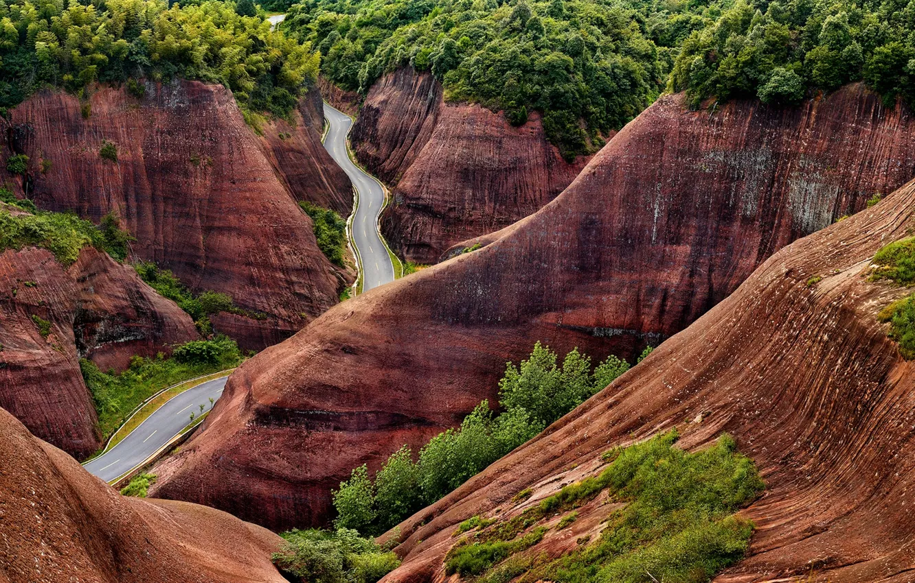 Photo wallpaper road, trees, hills, China