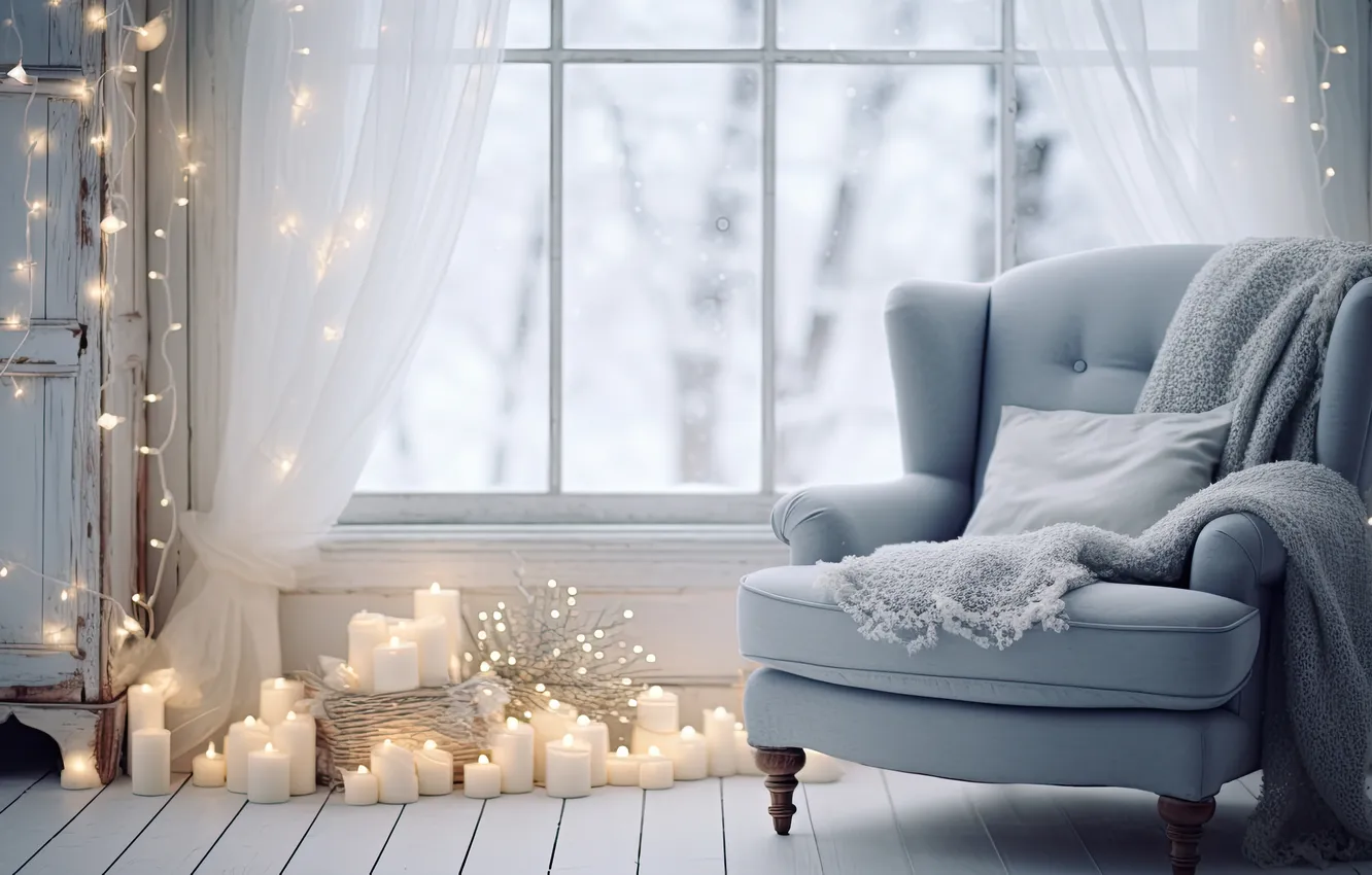Photo wallpaper winter, frost, snow, decoration, room, tree, interior, chair