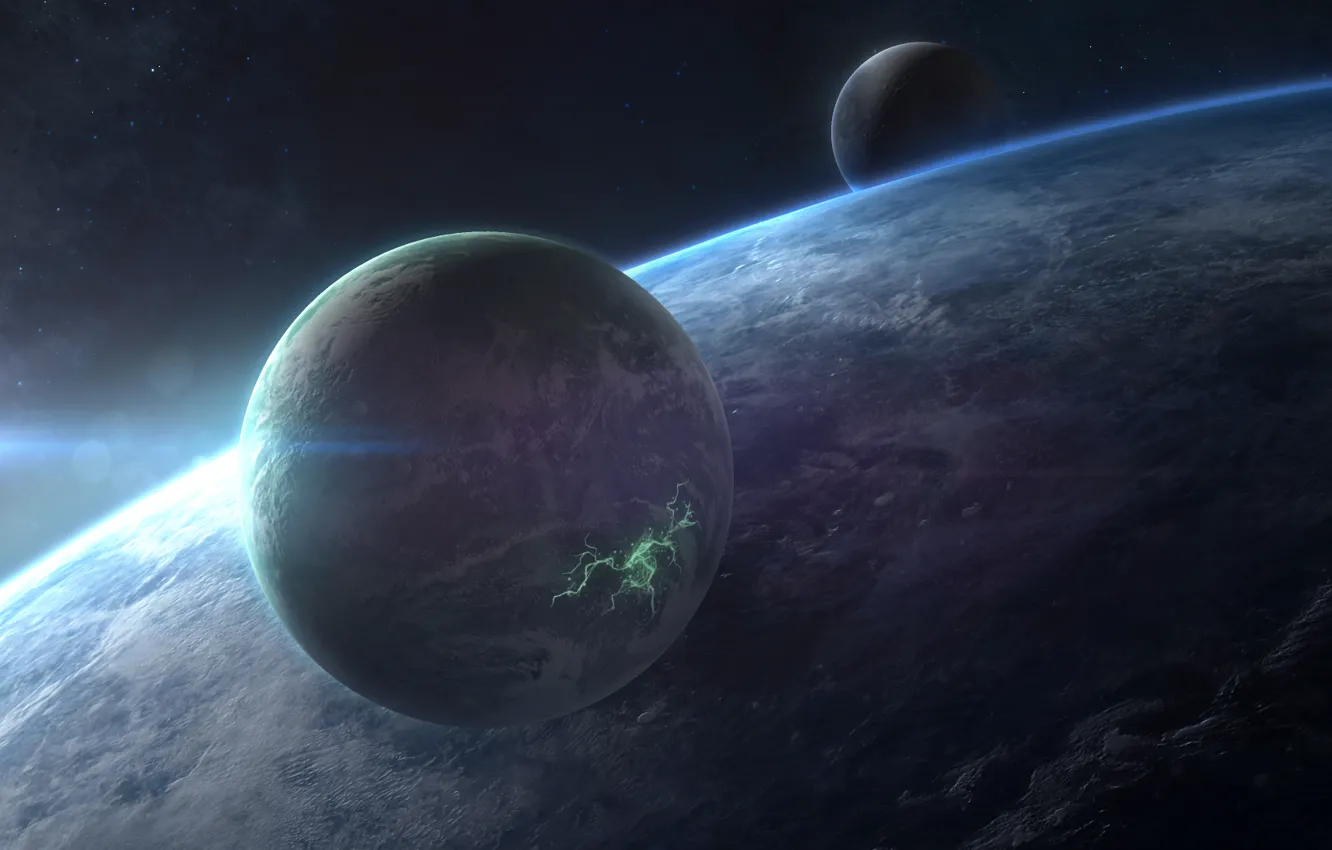 Photo wallpaper space, stars, cracked, planet, satellite