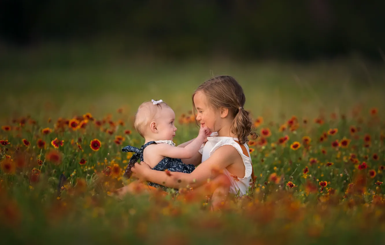 Photo wallpaper grass, flowers, nature, children, girl, Lisa Holloway