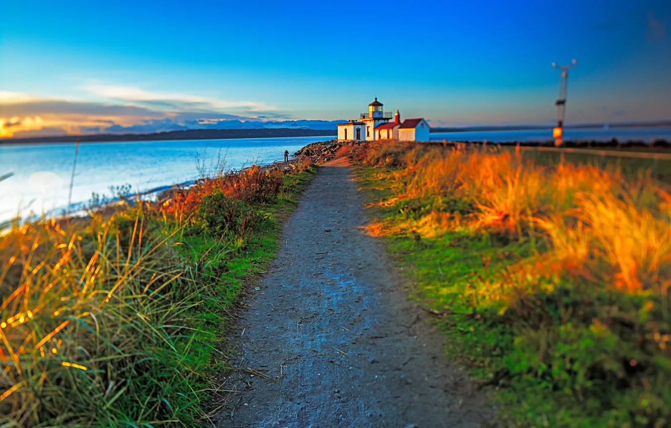 Photo wallpaper sea, grass, home, USA, Washington, lighthouse West point