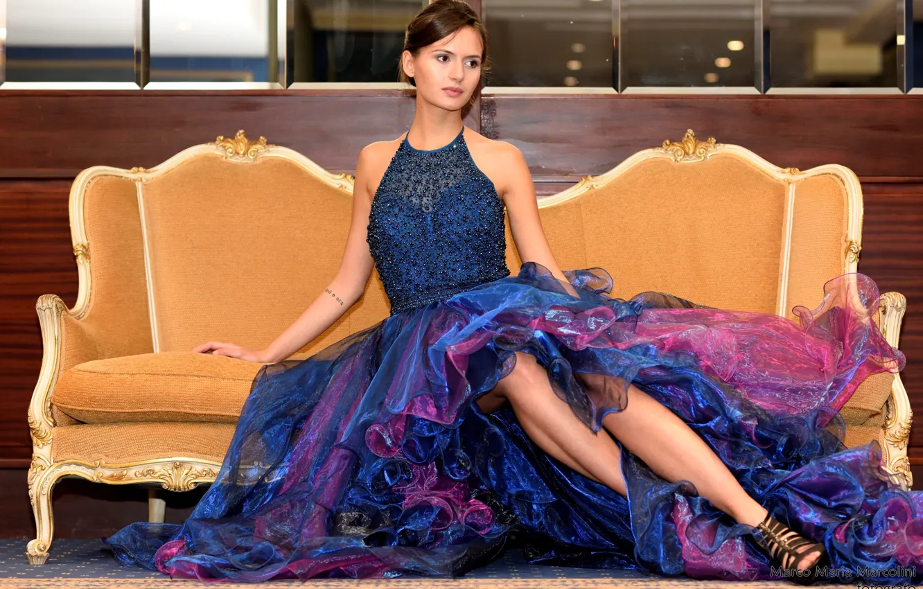 Photo wallpaper pose, sofa, sequins, legs, sofa, girl posing, Marco Maria Marcolini, fancy dress