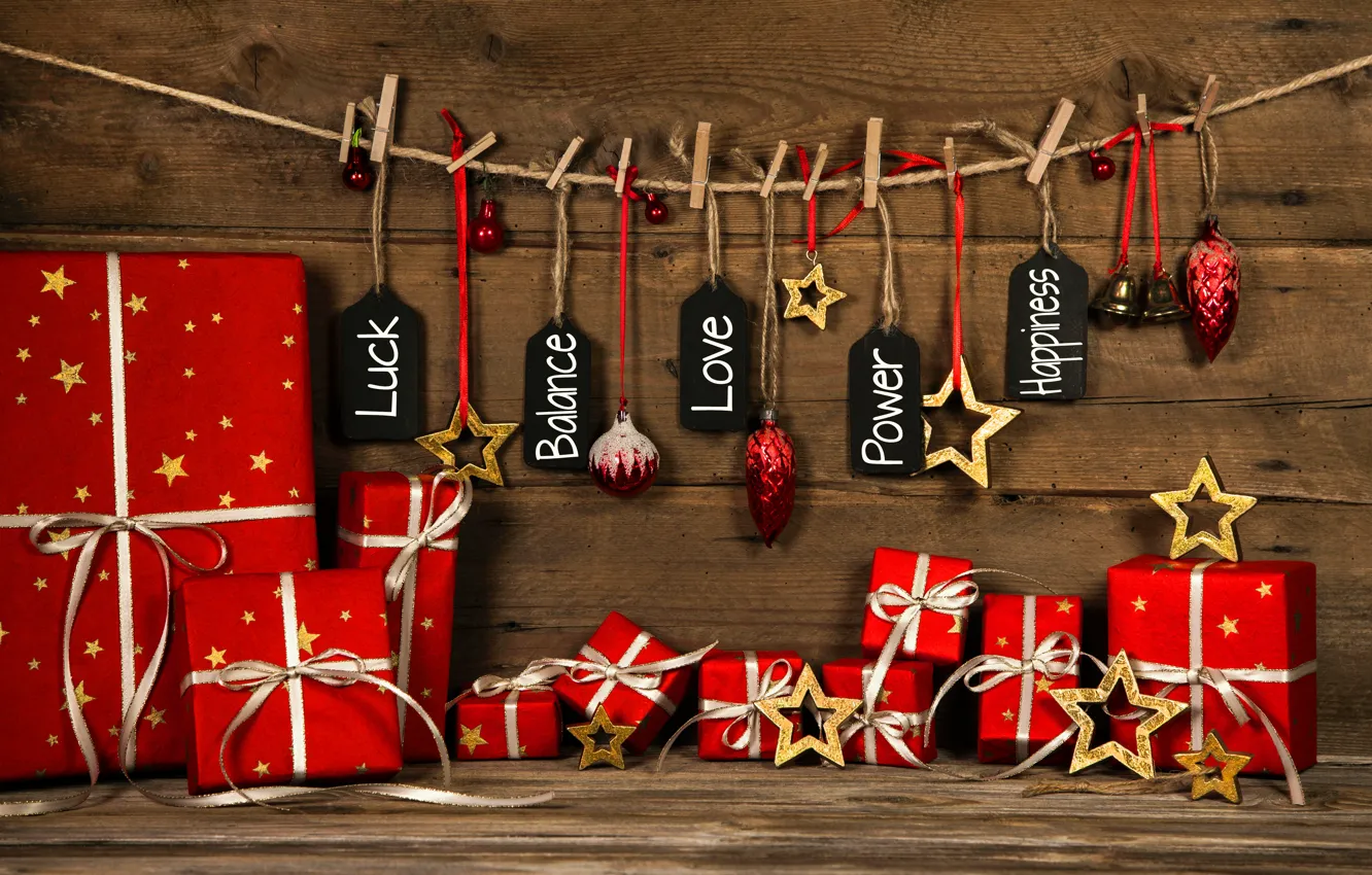 Photo wallpaper holiday, toys, Board, new year, gifts, stars, rope, clothespins