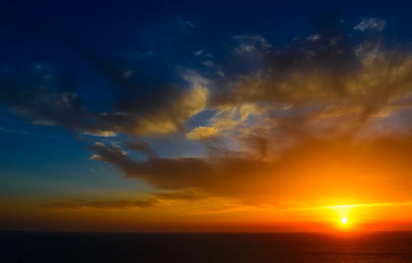 Photo wallpaper Sunset, The sun, The sky, Water, Clouds, The ocean, Horizon