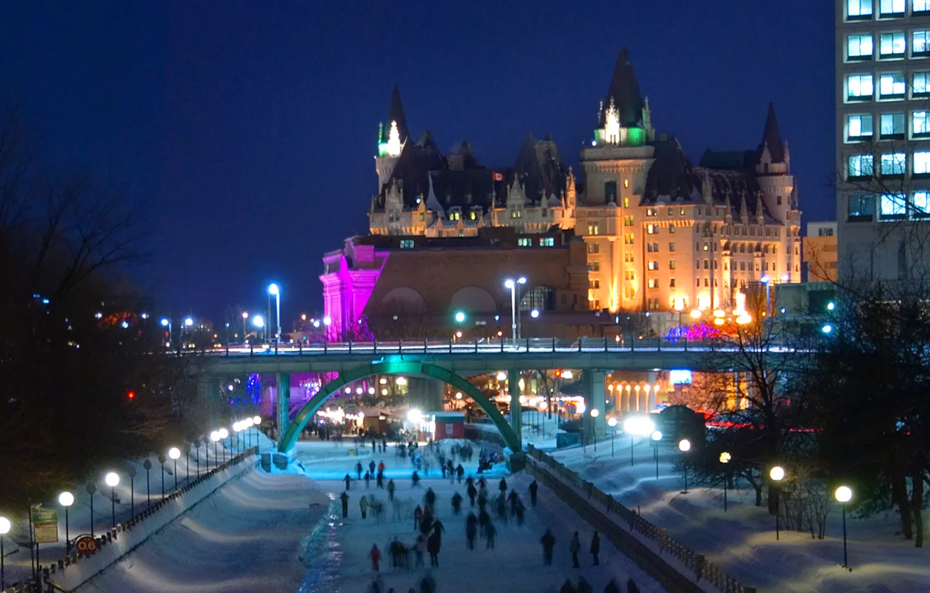 Photo wallpaper winter, night, bridge, lights, Canada, Ottawa, Winterlude, the Rideau canal