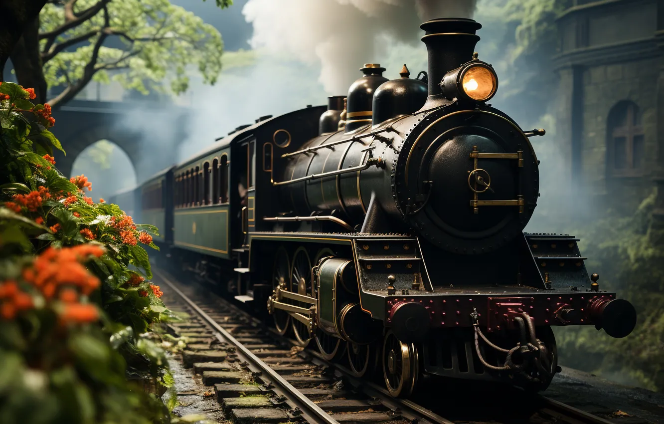 Photo wallpaper trees, smoke, the engine, railroad, digital art, AI art, The Art of Artificial Intelligence, neural …